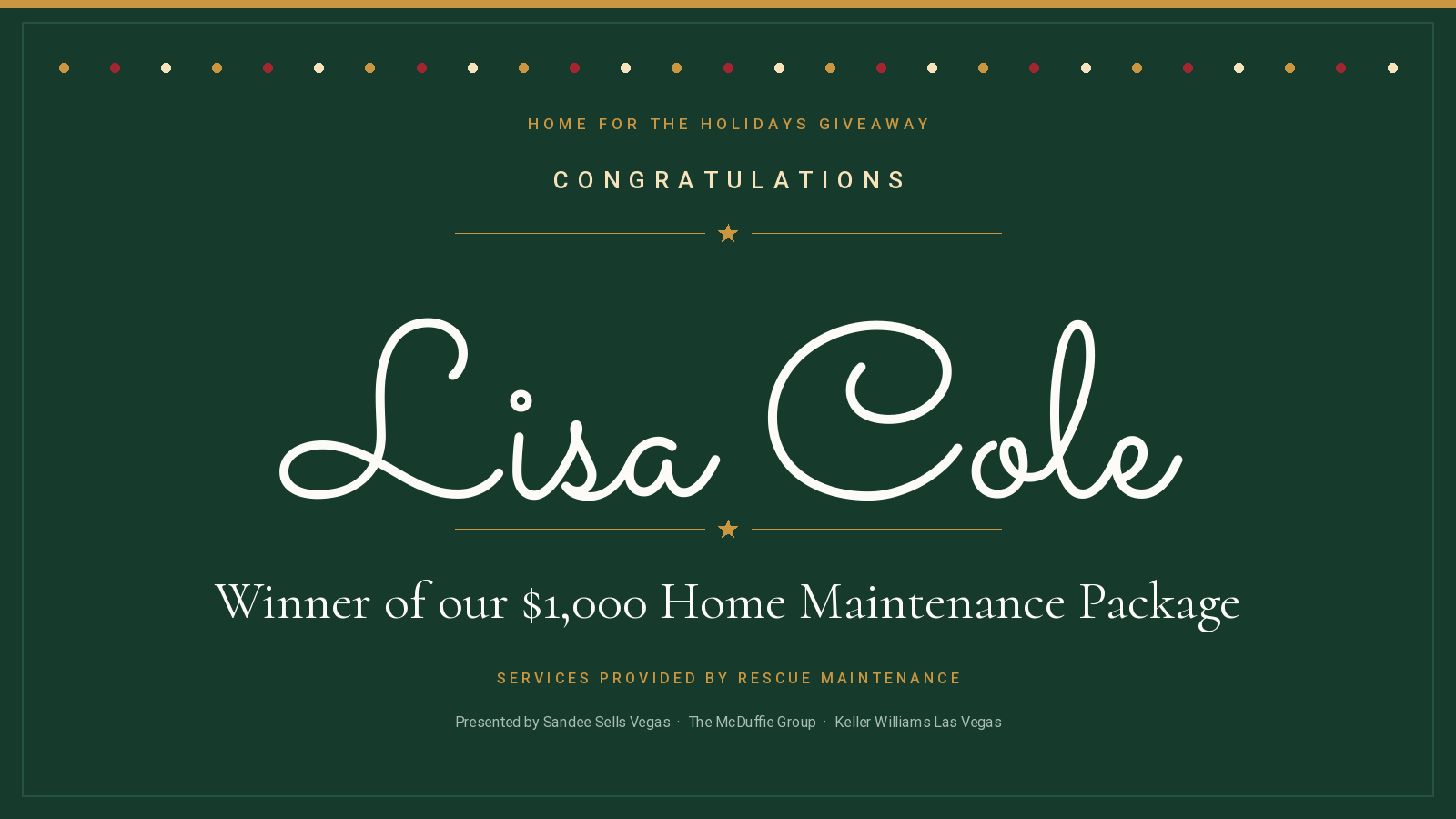 Congratulations Lisa Cole, winner of the Home for the Holidays Giveaway